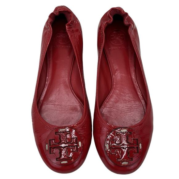 Tory Burch Red Patent Leather Ballet Flats Size 8M Logo Toe Brazil - Picture 3 of 13